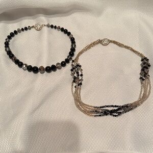 Women Beaded Necklace Set Black Grey Gold Multi Strand Magnetic Rhinestone Clasp